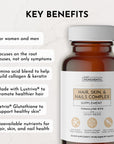 Brown bottle with a white label, detailing a hair, skin, and nails supplement with key benefits listed.