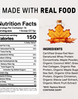 Maple leaf illustration with nutrition facts label and ingredient list for protein powder product.