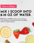 Instructions for mixing pre-workout powder with fruit slices, including strawberries, lemon, and pineapple.