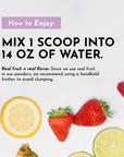 Instructions for mixing grape electrolytes with water, featuring strawberries and lemon slices on a white background.