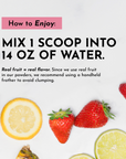 Mixing instructions graphic for Energy + Brain Boost stick with illustration of strawberries and lemon slices.