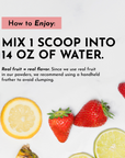 Instructions for mixing a fruit powder with water, featuring strawberries, lemons, and raspberries.