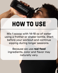 Person drinking from black bottle labeled "Just Ingredients" with usage instructions displayed below.
