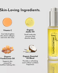 Face serum bottle with a pump, featuring ingredients like Vitamin C, jojoba oil, frankincense oil, and essential oil blend.