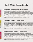 Variety pack of energy drinks featuring Raspberry Rush, Lemonade, and Sunrise Splash flavors with brain-boosting ingredients.