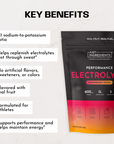 Black pouch of Strawberry Tropic Performance Electrolytes with pink and orange gradient bottom and ingredient icons displayed