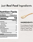 Nutrition facts label with serving details, calories, and ingredients for a plain fiber drink.