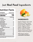 Nutrition facts label and ingredient list for Mango Lemonade Electrolytes Stick, featuring organic mango and lemon.