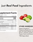 Supplement facts label with strawberries and limes showing ingredients including magnesium, tart cherry extract, L-theanine,