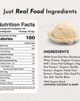 Nutrition facts label with serving details, ingredients list, and a scoop of French vanilla protein powder.