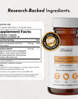 Amber glass bottle of Whole Food Vitamin C Complex supplement with white cap and label showing supplement facts and GMP certi