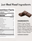 Nutrition facts label showing 50 calories per serving, with ingredients including organic cacao and coconut milk.