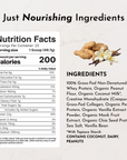 Nutrition facts label detailing calories, fats, protein, and ingredients for Vanilla Peanut Butter Protein + Creatine.