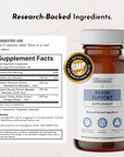 Brown glass bottle of Brain Support supplement with white cap, GMP certification seal, and label showing ingredients includin