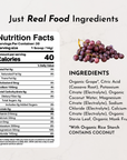 Nutrition facts label with ingredients for Grape Electrolytes, featuring organic grape and various electrolytes.