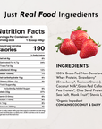 Nutrition facts label for protein powder with strawberries, listing calories, fats, carbohydrates, protein, and ingredients.