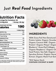 Nutrition facts label for Mountain Berry Protein Powder, detailing calories, serving size, and ingredients.