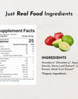 Supplement facts label with nutritional information and ingredients for caffeine-free strawberry limeade pre-workout, featuri