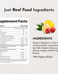 Supplement facts panel showing serving size, calories, and ingredient list for Energy + Brain Boost Raspberry Lemonade stick.