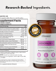 Menopause+ supplement bottle with white cap and label showing ingredients, suggested use, and GMP certification seal next to