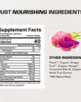 Pink dragon fruit halves displayed next to supplement facts label listing ingredients including caffeine, BCAA, and organic m