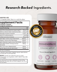 Brown bottle of perimenopause hormone support supplement with white cap, GMP certified seal, and label showing supplement fac