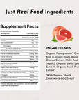 Supplement facts label detailing ingredients and nutritional information for Brain + Energy Boost Blood Orange.