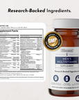 Amber glass bottle of men's multivitamin supplement with white cap, GMP certification seal, and supplement facts label visibl