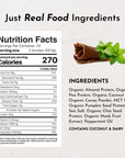 Nutrition facts and ingredients list for vegan mint chocolate protein powder, highlighting calories and nutrients.