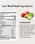 Supplement facts label for Strawberry Limeade Pre-Workout with ingredient amounts and serving information.