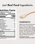 Wooden spoon holding vanilla-colored protein powder next to nutrition facts and ingredient list.