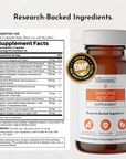Amber glass bottle of Immune Rescue supplement with white cap, GMP certified seal, and orange label listing research-backed i