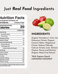Nutrition facts label with serving details, ingredients list, and images of strawberries and limes.