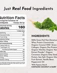 Green matcha powder on wooden scoop with mint leaves, nutrition facts label, and ingredient list on beige background.