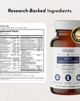 Brown bottle of men's multivitamin capsules with a white label displaying supplement facts and suggested use instructions.