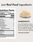 Nutrition facts label with serving size, calories, and ingredients for Toasted Vanilla Bone Broth Protein Powder.