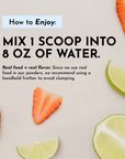 Sliced strawberries and lime wedges on white background with instructional text for mixing powder beverage.