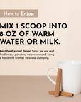 Instructions for mixing a chai powder with warm water or milk, featuring a white mug and cinnamon sticks.