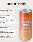 Can of Orange Fizz Energy + Brain Boost with key benefits listed on a light marble background.