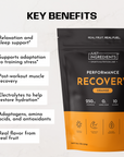 Black and orange sports recovery drink pouch labeled "Performance Recovery Orange" with ingredient benefits listed on left si