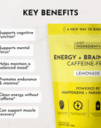 Yellow packaging of Energy + Brain Boost Lemonade with key benefits listed, including cognitive support and caffeine-free ene