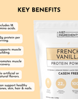 Protein powder package with French vanilla flavor, highlighting key benefits and nutritional information.