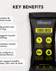 Black protein powder stick with yellow label, listing benefits and nutritional information on a light marble background.