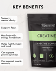 Black pouch labeled "Creatine+" with key benefits listed, including support for mental clarity and muscle recovery.