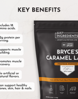 Black resealable pouch of Bryce's Caramel Latte Protein Powder with orange accent band and NSF Certified Sport label displaye