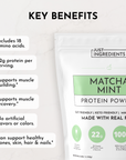 Matcha Mint Protein Powder pouch displaying green and white packaging with ingredient list and nutritional information.