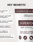 Pouch of Superfood Hot Chocolate with key benefits listed, including gut health and immune support.