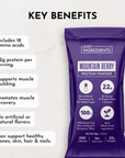 Purple protein powder stick with "Mountain Berry" label, highlighting 22g protein and key benefits.