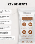 Protein powder packet featuring roasted peanut butter chocolate flavor, highlighting key benefits and nutritional information