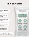 Mint chocolate protein powder stick with 24g protein, 130 calories, and 18 amino acids per serving.